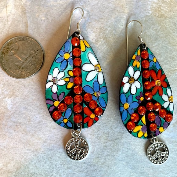 Large peace sign ☮️earrings, handpainted sterling wears OOAK statement piece - Picture 3 of 8